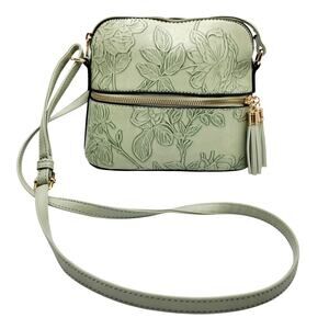 Le Bag Light Green Embossed Floral Leaf Print Structured Crossbody Bag Purse